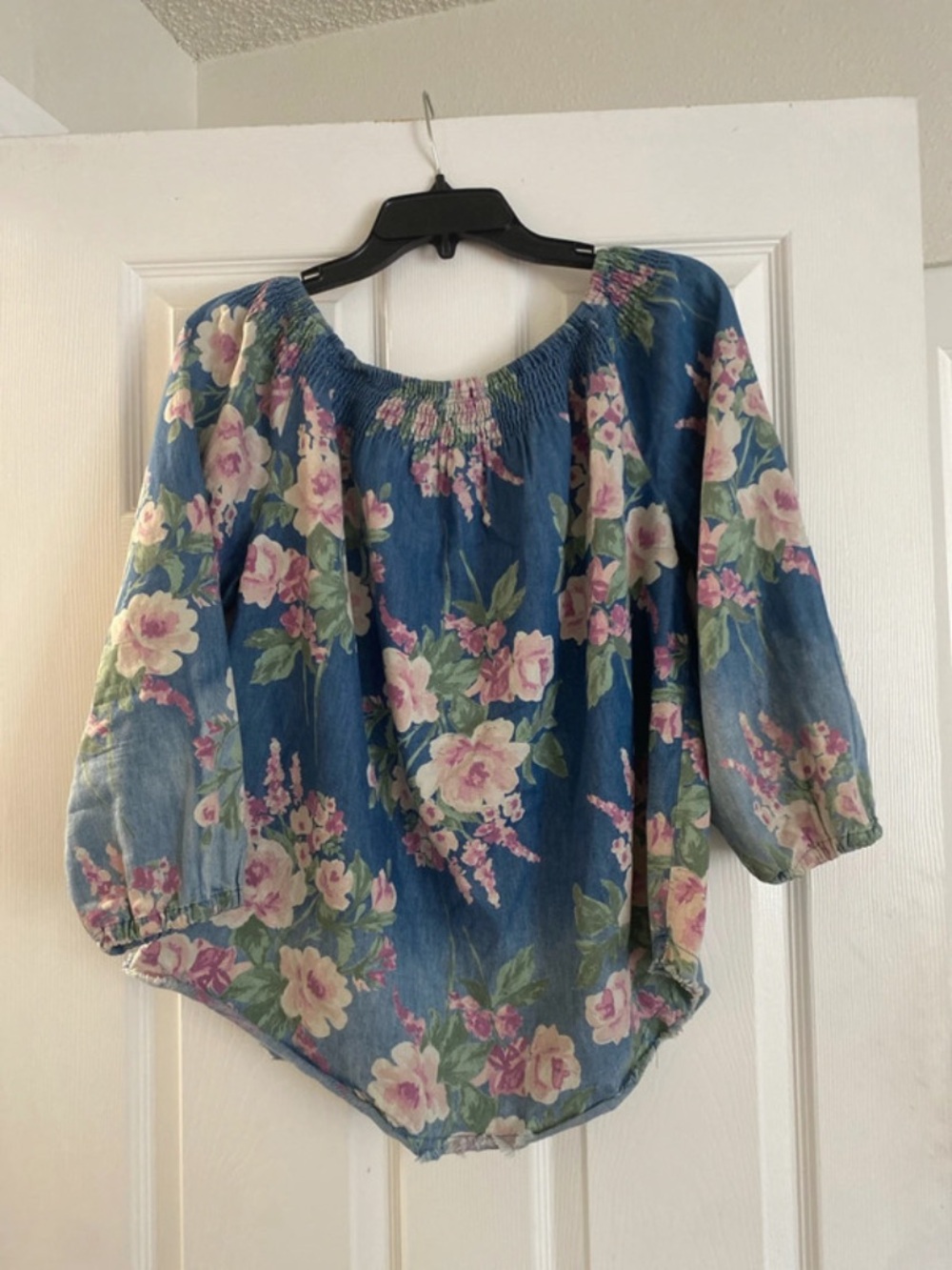 Tribal Blue Floral Off-Shoulder Tunic Top